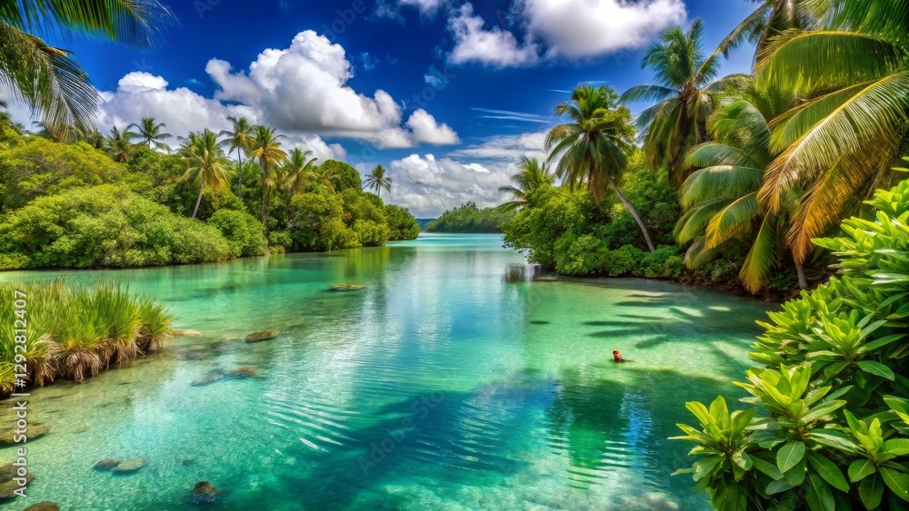 Obraz premium Serene Tropical Lagoon with Palm Trees and Crystal Clear Water
