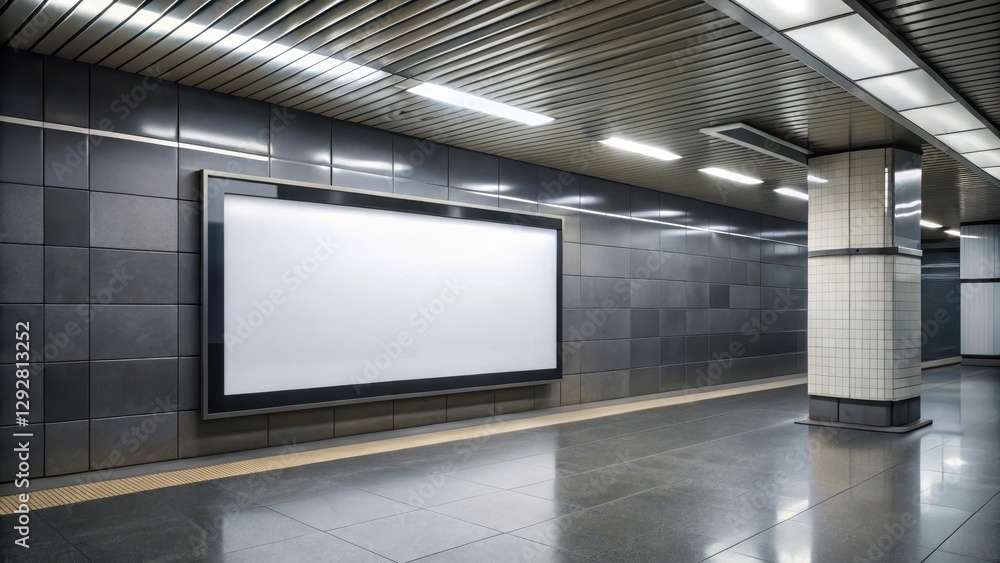 A blank billboard in a subway station with a modern and sleek design, featuring a large empty space surrounded by dark-colored walls and fluorescent lighting , blank billboard, empty space A blank billboard in a subway station with a modern and sleek design, featuring a large empty space surrounded by dark-colored walls and fluorescent lighting , blank billboard, empty space