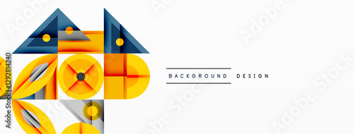 Geometric abstract composition with intersecting shapes, circles, triangles, and gradients, blending vibrant colors and dynamic contrasts to create a modern, futuristic visual design