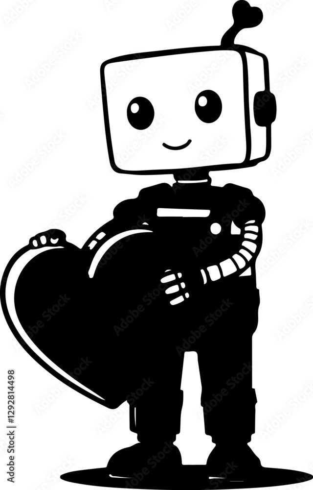 Fototapeta premium A cartoon robot holds a large red heart, expressing care