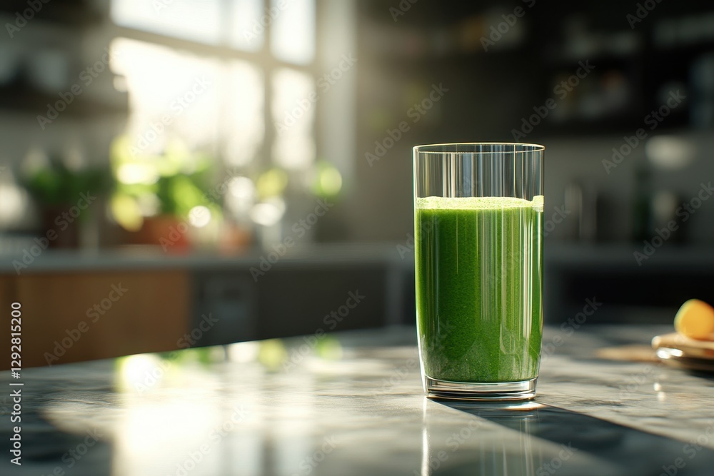 Glass of vibrant green smoothie sits on a kitchen counter, bathed in sunlight. Perfect for healthy lifestyle, nutrition, or breakfast themes. Glass of vibrant green smoothie sits on a kitchen counter, bathed in sunlight. Perfect for healthy lifestyle, nutrition, or breakfast themes.