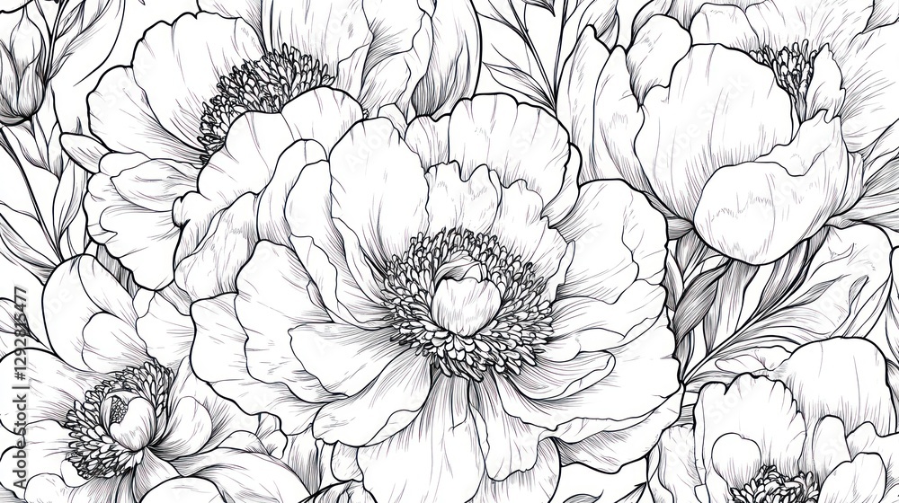 Line art illustration of peonies and flowers, seamless pattern, coloring page for adults Line art illustration of peonies and flowers, seamless pattern, coloring page for adults