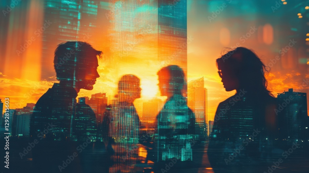 Silhouetted figures converse at sunset, overlaid with a city skyline. Illustrates business, teamwork, and urban life at day's end. Silhouetted figures converse at sunset, overlaid with a city skyline. Illustrates business, teamwork, and urban life at day's end.