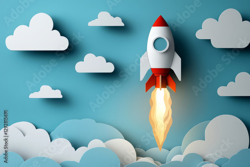 Rocket launch in blue sky with clouds, symbolizing innovation and creativity