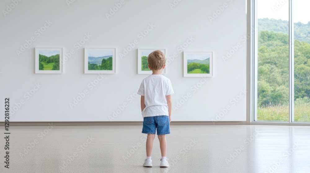 Child looking at nature prints in museum Child looking at nature prints in museum