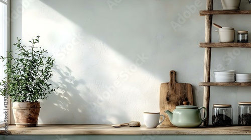 Stylish vintage kitchen interior with tea pot photo