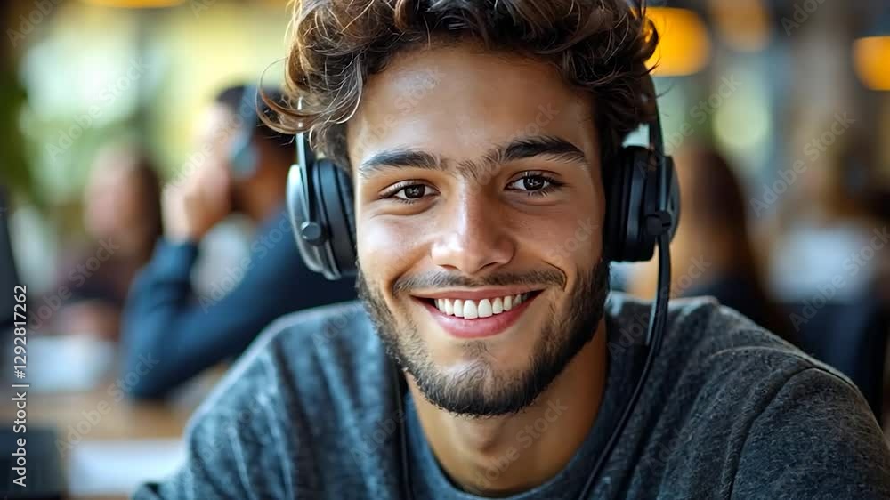 Man with headphones smiles in a cafe Man with headphones smiles in a cafe
