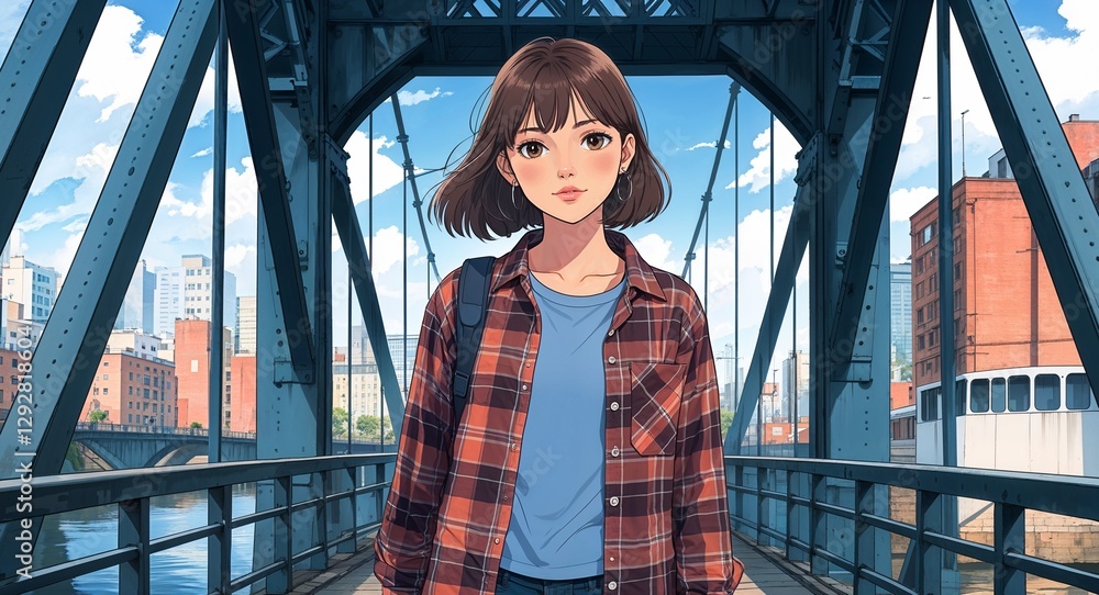 Fototapeta premium Teen girl in plaid shirt standing under city bridge background anime cartoon illustration