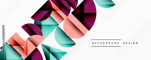 Abstract geometric background with layered gradient shapes forming dynamic patterns. Overlapping semi circles and triangles create depth and contrast