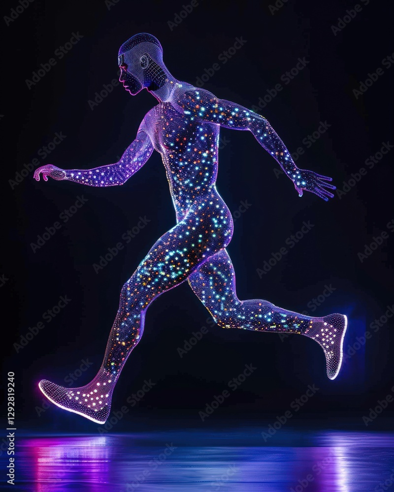 Fototapeta premium Glowing man in motion, running with illuminated body, dark background.