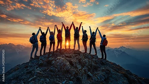 Mountaintop triumph, hikers celebrating sunrise summit, inspiring success, perfect outdoor activity