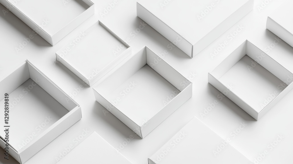 White cardboard boxes shown open and closed on a white background White cardboard boxes shown open and closed on a white background