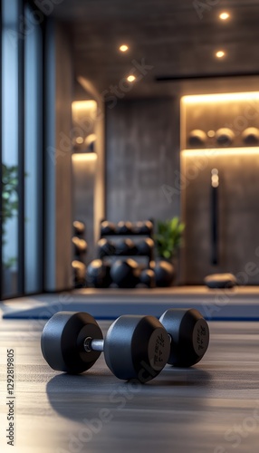 Dumbbells rest on the floor in a modern home gym