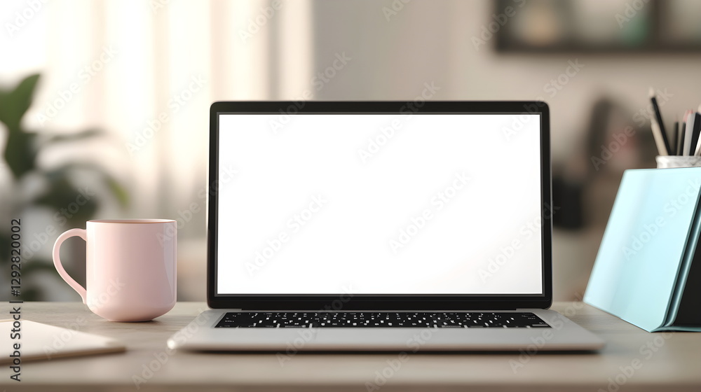 Fototapeta premium Photorealistic scene of a white laptop with a blank screen on a soft beige wooden desk, a pale pink coffee mug beside it, and a light blue notebook in the background. Crisp details, pastel tones, 