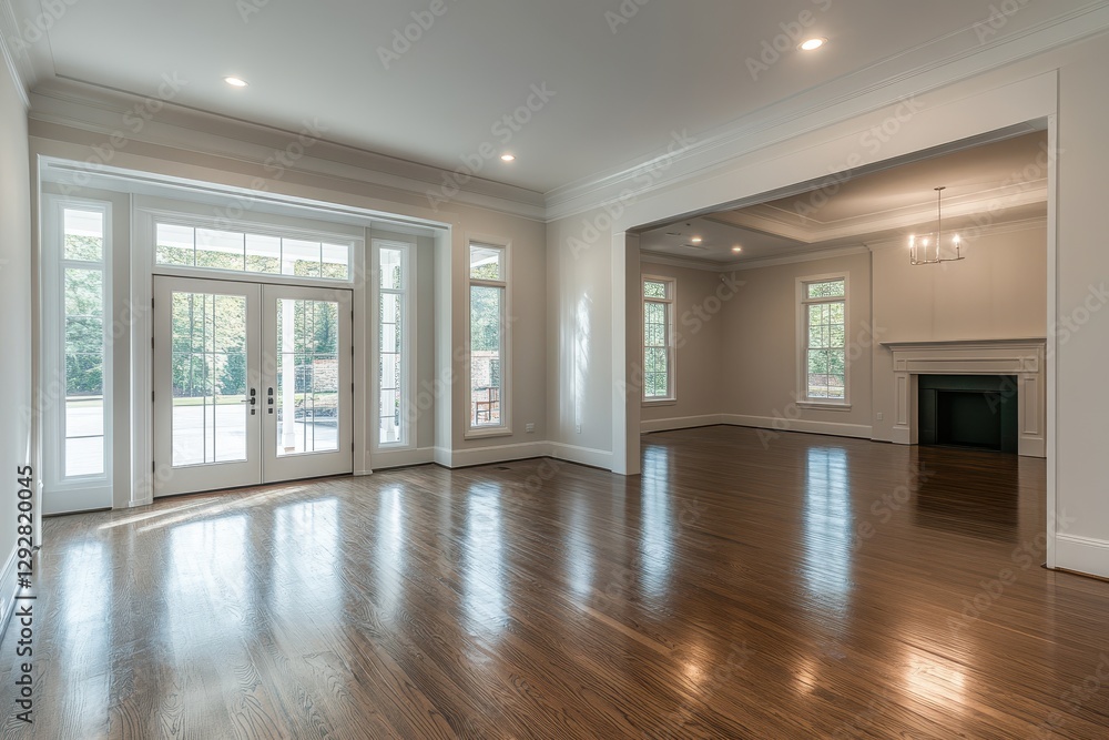 Fototapeta premium A large vacant room with gleaming wood floors clean white walls and sunlight filtering in through a glass door