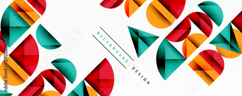 Abstract geometric background with layered gradient shapes forming dynamic patterns. Overlapping semi circles and triangles create depth and contrast