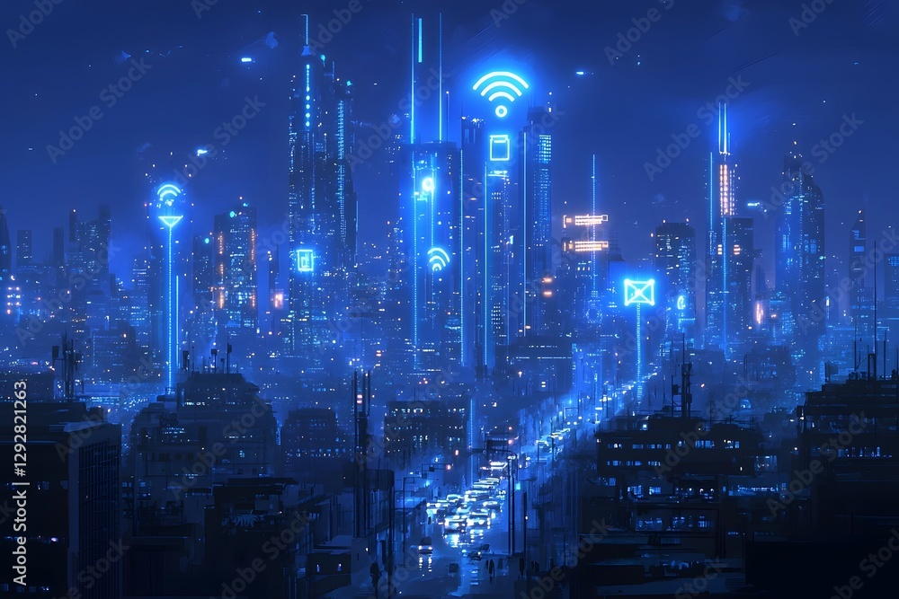 Fototapeta premium Futuristic Cityscape Illuminated by Glowing 5G Signals Connecting Smart Buildings and Autonomous