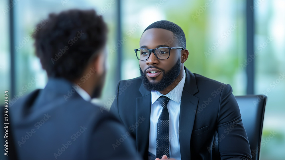 Two Black African American Men In Suits Sitting In The Office Job Interviev Two Black African American Men In Suits Sitting In The Office Job Interviev