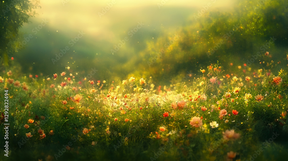 Fototapeta premium Soft-focus Cosmos Flowers Blooming in a Green Landscape 