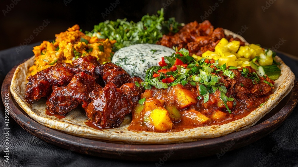 Fototapeta premium Ethiopian cultural feast injera platter with assortment ethiopia food traditional close-up culinary delight