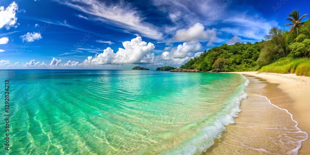 Obraz premium Serene Tropical Beach with Clear Waters and Lush Greenery