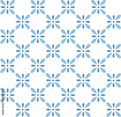 Vector repeating pattern of stylized blue flowers set against a crisp white background. Illustration.