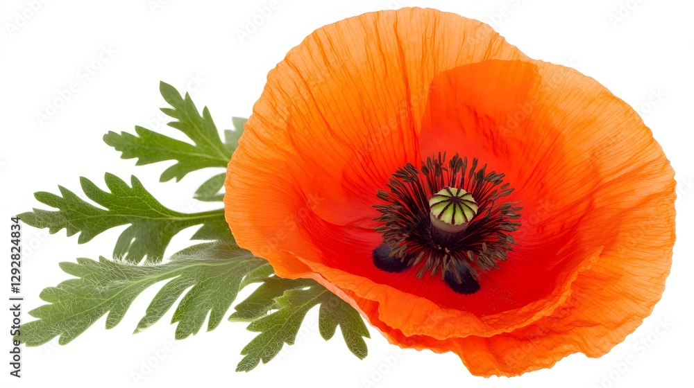 Vibrant Orange Poppy Flower with Lush Green Leaves and Intricate Petal Details Vibrant Orange Poppy Flower with Lush Green Leaves and Intricate Petal Details