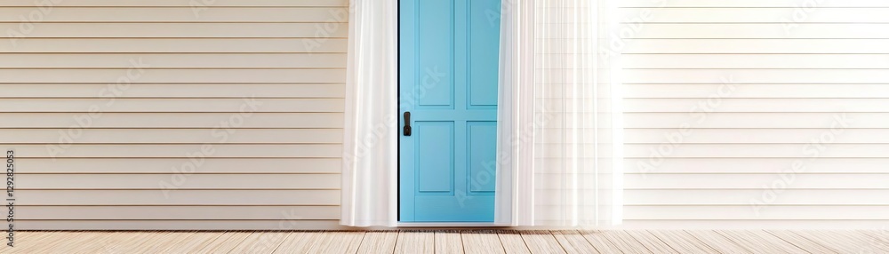 Fototapeta premium Coastal cottage with an open blue door, soft sea breeze moving sheer curtains