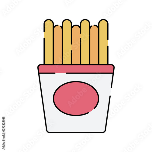 French Fries Icon Flat design, crispy fries in a carton, suitable for fast food branding and snack promotions.