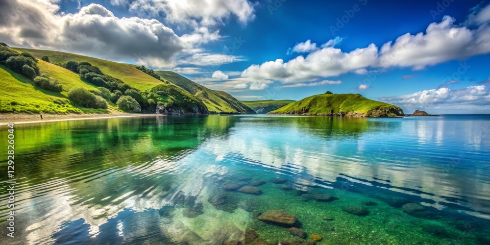 Fototapeta premium Serene Coastal Landscape with Clear Water and Lush Green Hills