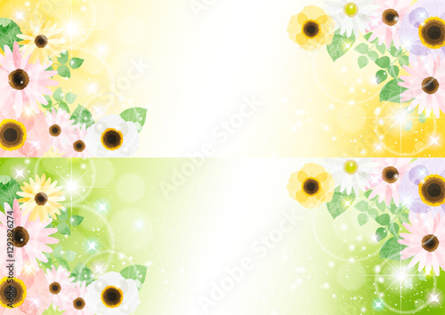 春の花キラキラバナーセット、かわいい、黄、緑、イラスト、背景、対角