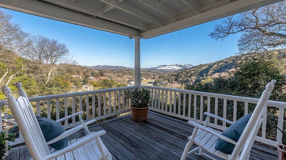 A Beautiful View from a Veranda with Rocking Chairs Outdoors A Beautiful View from a Veranda with Rocking Chairs Outdoors
