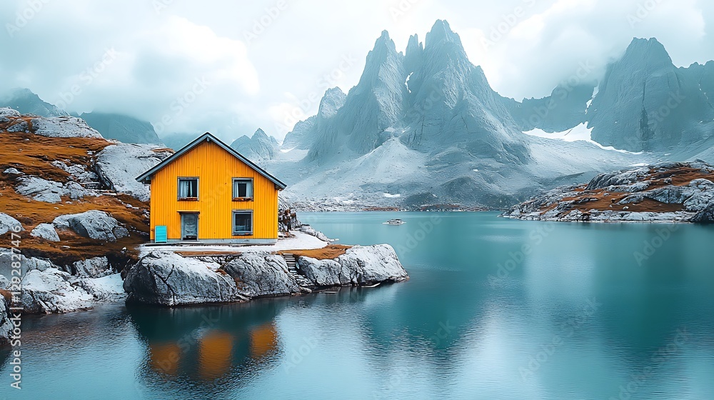 Fototapeta premium Yellow House Alpine Lake