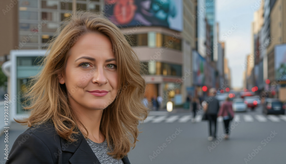 Fototapeta premium Woman with shoulder-length blonde hair, light skin, slight smile, wearing black blazer and grey top, standing on bustling city street. Tall buildings, cars, pedestrians in background.