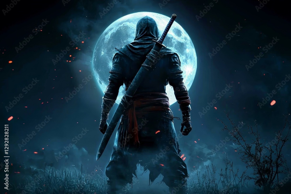 Intriguing night scene with a ninja and glowing moon.