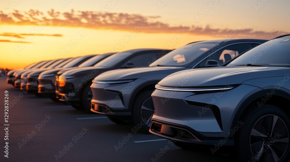 Naklejka premium Rows of electric SUVs fill the parking lot of a car dealership. 