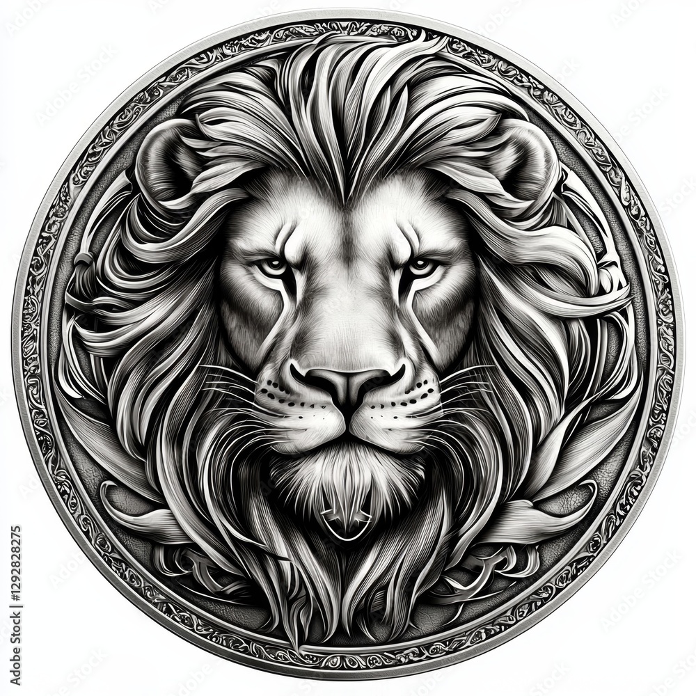 Minimalistic logo design with a lion surrounded by a silver ring.