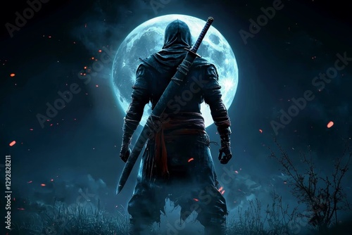 Obraz na płótnie Intriguing night scene with a ninja and glowing moon. w salonie