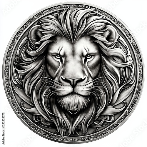 Minimalistic logo design with a lion surrounded by a silver ring.
