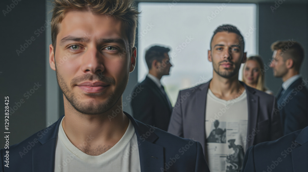 Fototapeta premium Light-skinned man with short spiky blond hair and trimmed beard, wearing navy blazer over white shirt, standing in modern office. Blurred colleagues in suits and casual attire Image conveys teamwork
