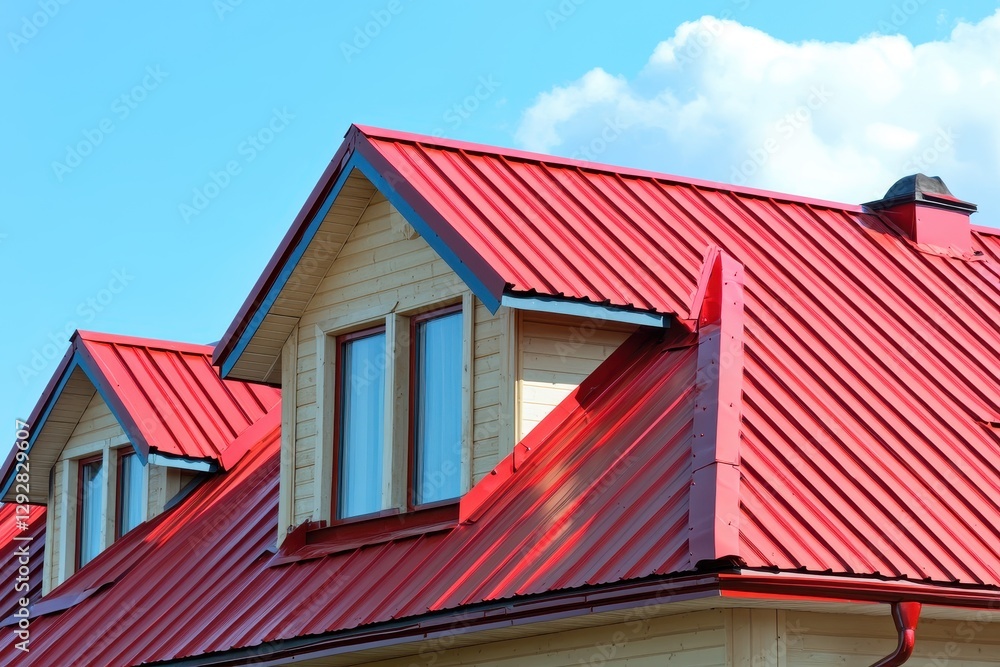 A red dormer roof stands against a blue sky featuring decorative metal and stainless steel Rooftop with empty space for text A red dormer roof stands against a blue sky featuring decorative metal and stainless steel Rooftop with empty space for text