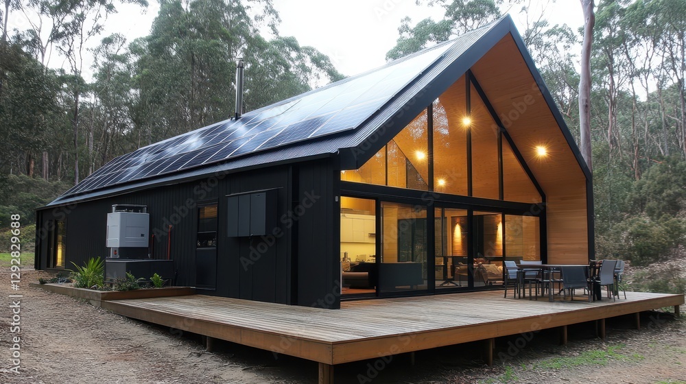 Modern black cabin with solar panels and large windows. Ideal for showcasing sustainable, off-grid living or eco-friendly architecture. Modern black cabin with solar panels and large windows. Ideal for showcasing sustainable, off-grid living or eco-friendly architecture.
