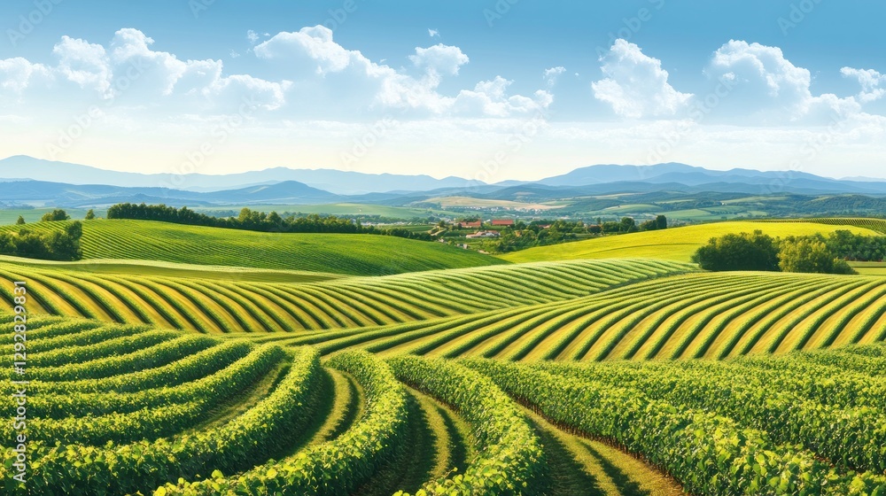 Serene Rolling Hills Vineyard Landscape Under a Sunny Sky Serene Rolling Hills Vineyard Landscape Under a Sunny Sky