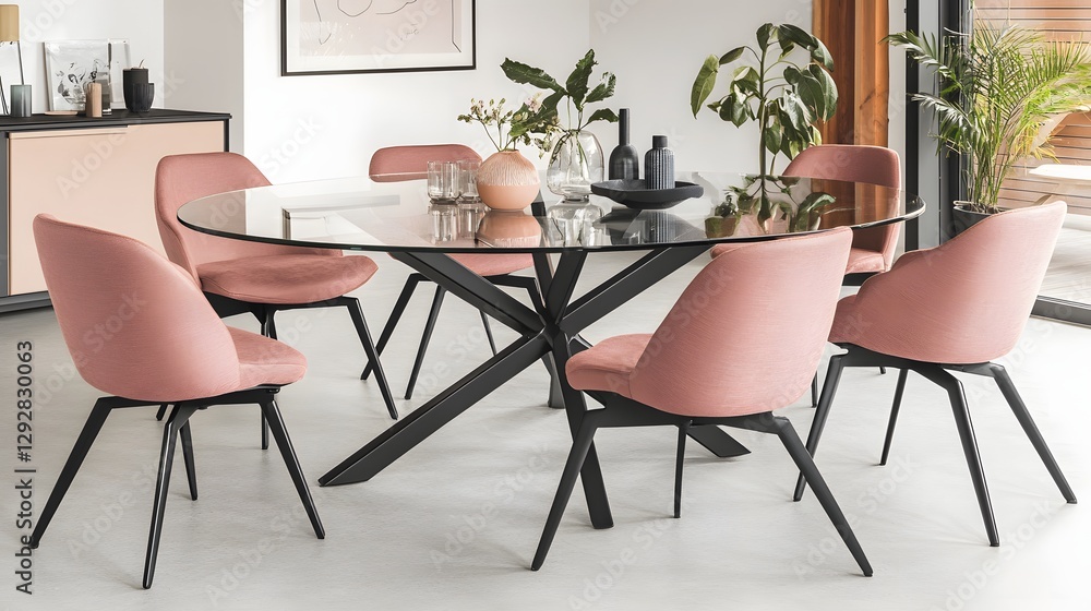 Modern Dining Room with Elegant Glass Table and Stylish Pink Chairs Surrounded by Green Plants Modern Dining Room with Elegant Glass Table and Stylish Pink Chairs Surrounded by Green Plants