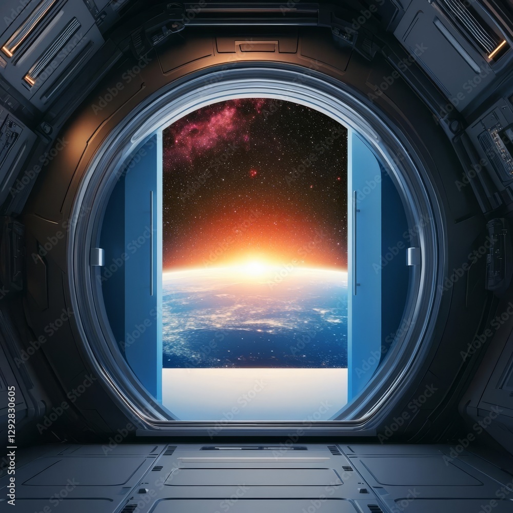 Naklejka premium Futuristic spaceship airlock with an open blue door, infinite galaxy visible beyond