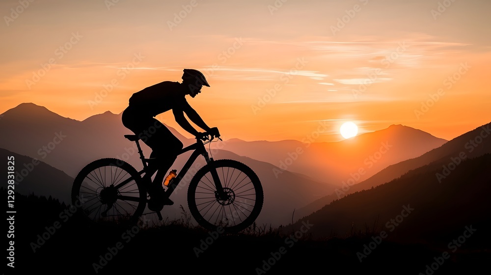 Fototapeta premium Silhouetted Cyclist Riding on Hill at Dramatic Sunrise or Sunset with Vibrant Sky