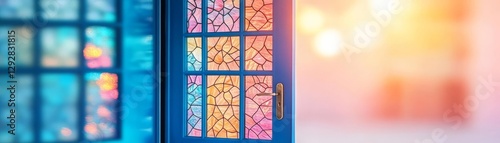 Wallpaper Mural Glass-panel open blue door with intricate stained-glass patterns reflecting colorful light Torontodigital.ca