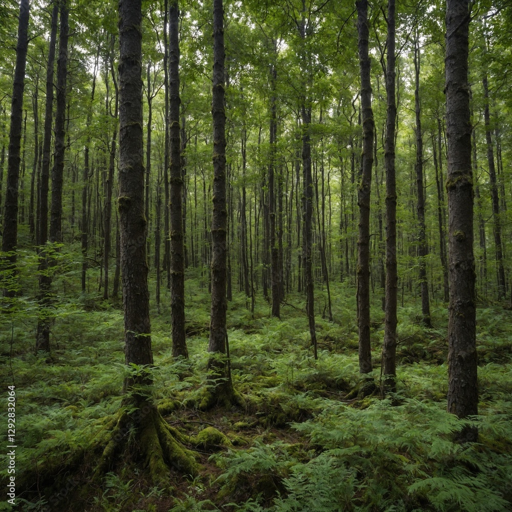 Grünes Wald Panorama im Sommer: Eine üppige, grüne Waldlandschaft an einem Sommertag. Hohe Bäume mit dichtem, leuchtend grünem Laub stehen unter einem klaren blauen Himmel. Grünes Wald Panorama im Sommer: Eine üppige, grüne Waldlandschaft an einem Sommertag. Hohe Bäume mit dichtem, leuchtend grünem Laub stehen unter einem klaren blauen Himmel.