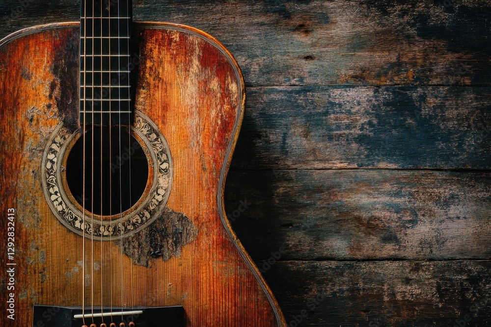 Naklejka premium A rustic acoustic guitar with scratches hangs on a wooden wall featuring an ornate rosette around the sound hole that enhances its vintage charm