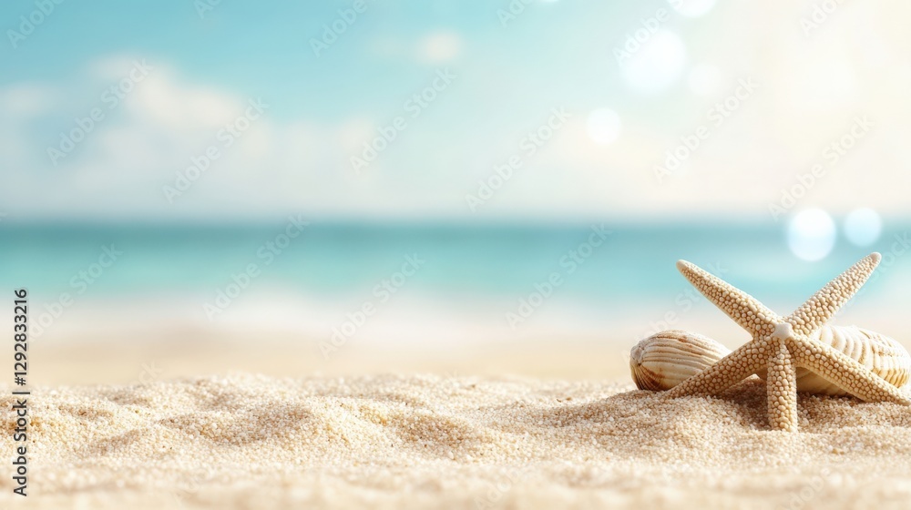 Seashells, sand isolate on sea beach background. Copy space and background for summer mock up. Seashells, sand isolate on sea beach background. Copy space and background for summer mock up.